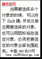 文本框: 操作技巧
当需要选择多个对象的时候，可以按下Shift键，并依次单击需要选择的对象，也可以用鼠标拖动选定对象，必须把要选定的对象全部包围起来。
