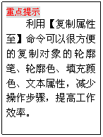 文本框: 重点提示
利用【复制属性至】命令可以很方便的复制对象的轮廓笔、轮廓色、填充颜色、文本属性，减少操作步骤，提高工作效率。
