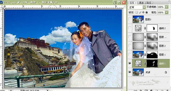 Photoshop曲线修复暗灰的外景婚片