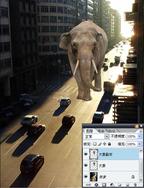 Photoshop合成迷失在闹市的大象
